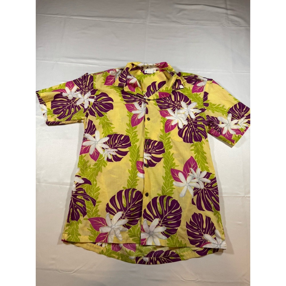 VTG 70s Made In Hawaii Aloha Shirt M Yellow Monstera Pattern Matched Pocket